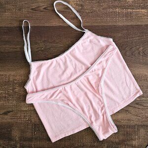 NEW!! (2PC Set) Cami & High Cut Cheeky Thong Bikinis Brief, Large, Rose